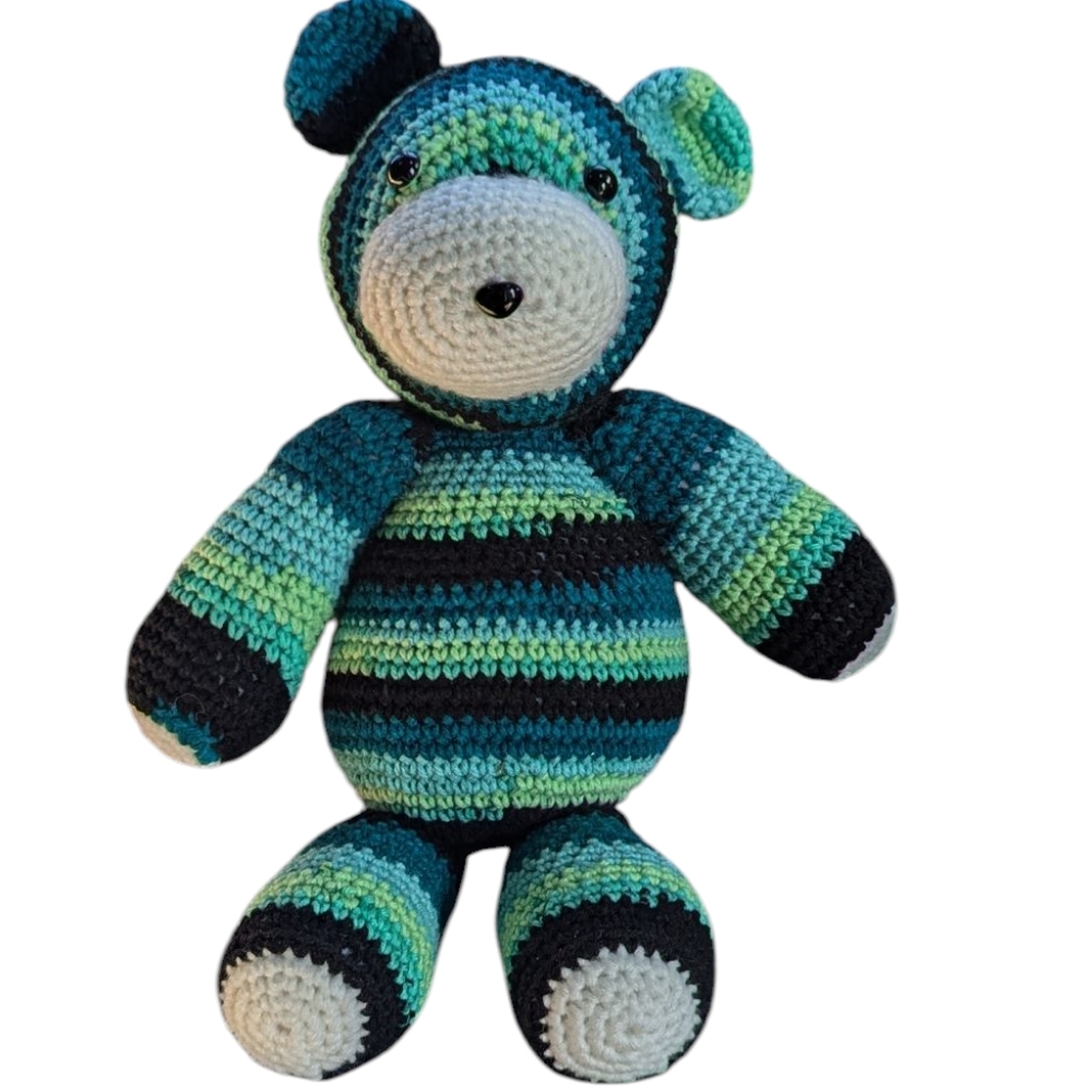 Crocheted Multicolor Blue/Green Teddy Bear Stuffed Animal
